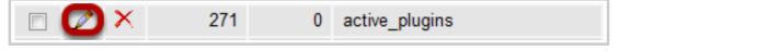 Screenshot of the active plugins row in phpMyAdmin with the editing icon in the shape of a pencil circled