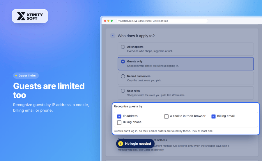 Limit guest orders in WooCommerce by IP address, cookie, email or phone