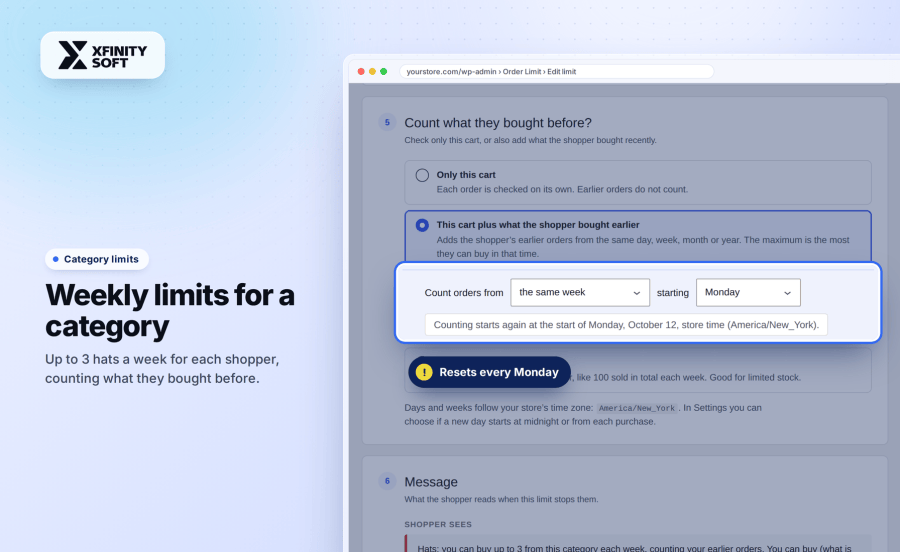 WooCommerce category limit per week, counting earlier orders