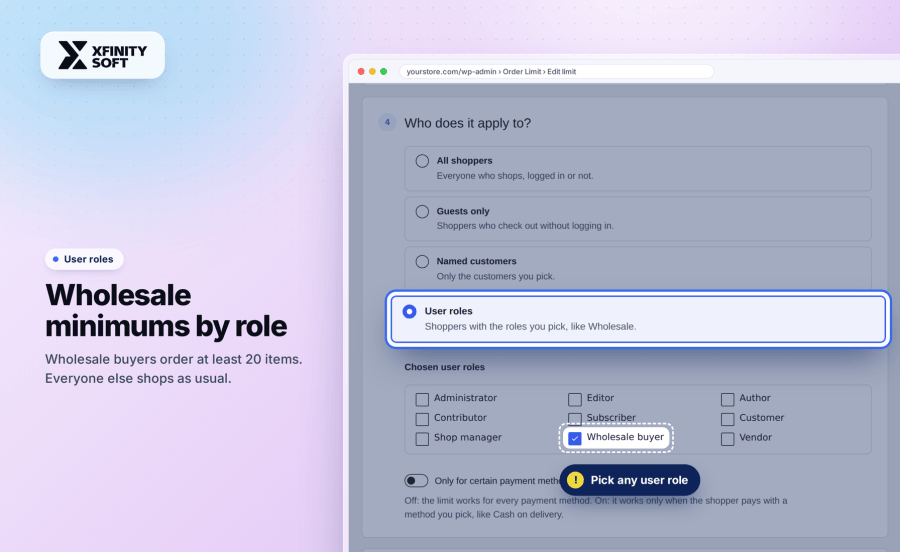 WooCommerce wholesale minimum order quantity by user role