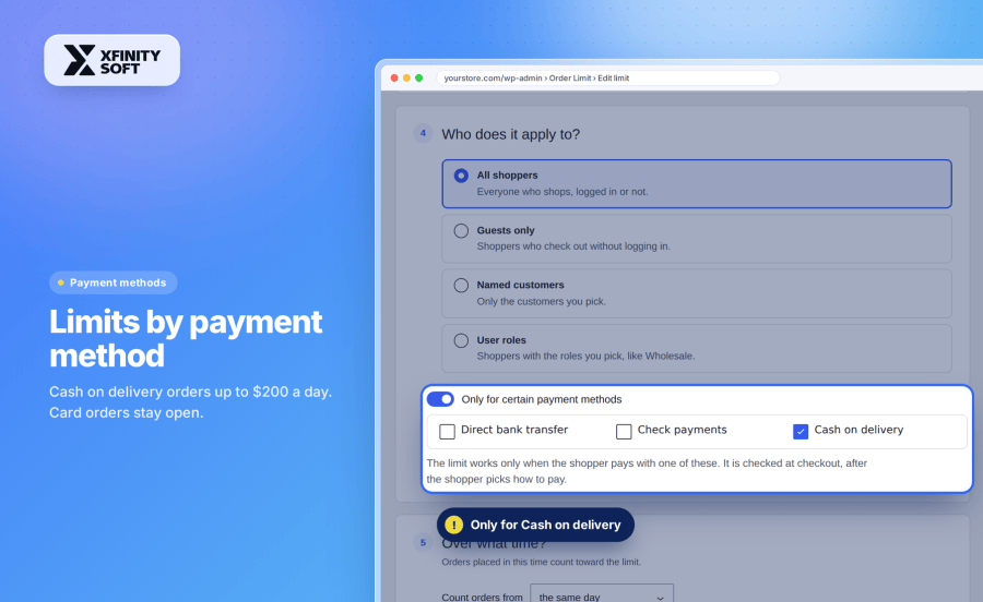 Restrict WooCommerce orders by payment method, like Cash on delivery