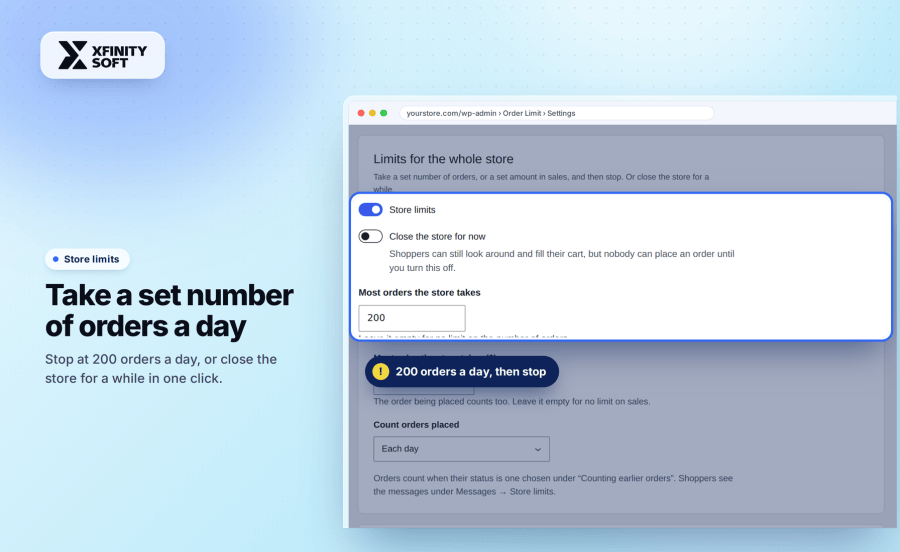 Limit how many orders a WooCommerce store takes each day, or close the store temporarily