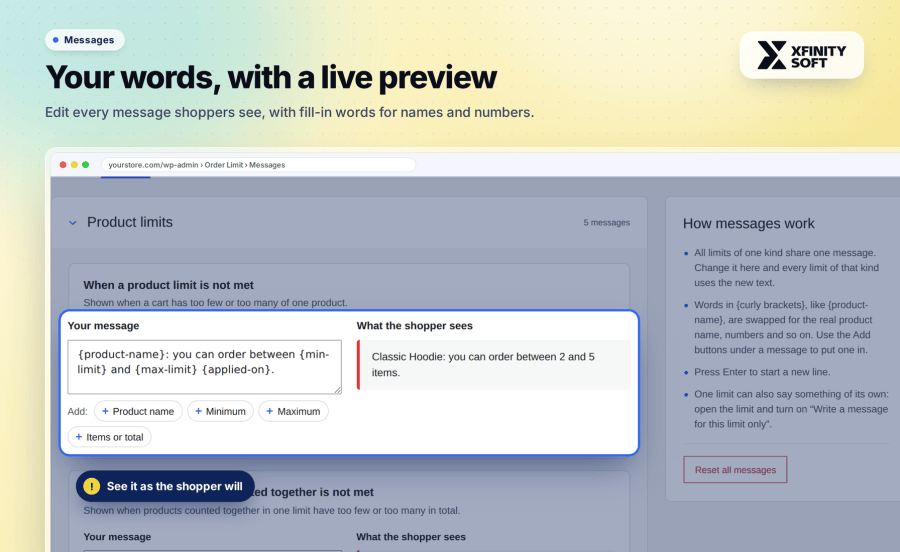 Customize WooCommerce order limit messages with a live preview