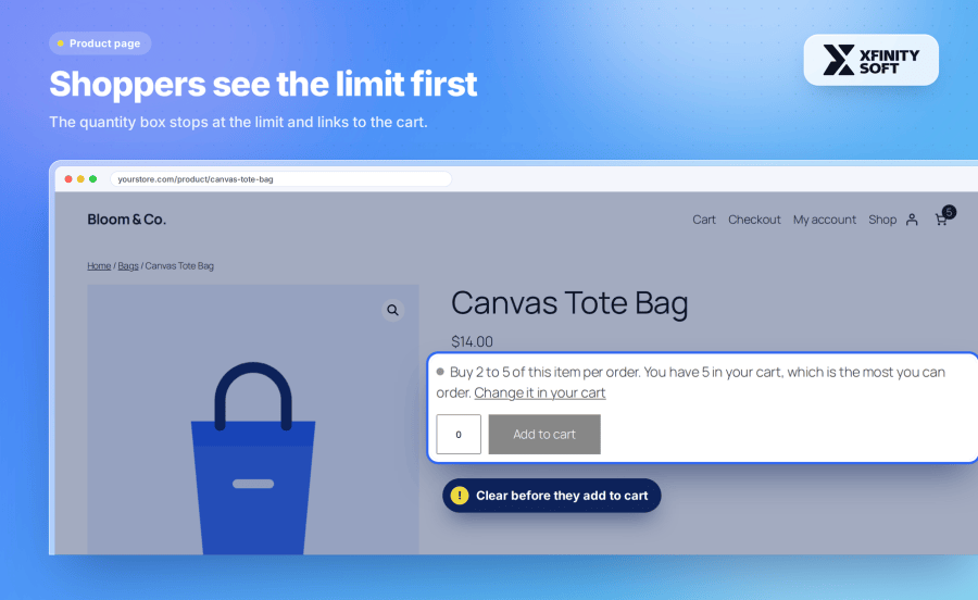 WooCommerce product page showing the purchase limit above Add to cart