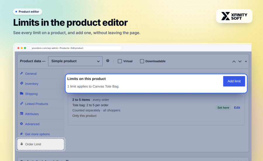 Order Limit tab in the WooCommerce product editor