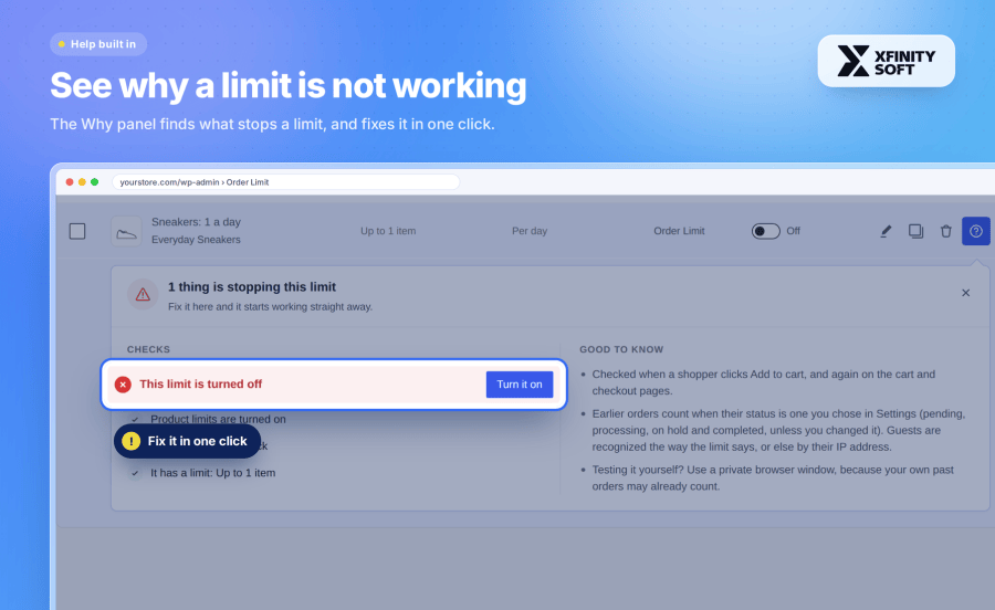 The Why panel explains why an order limit is not working