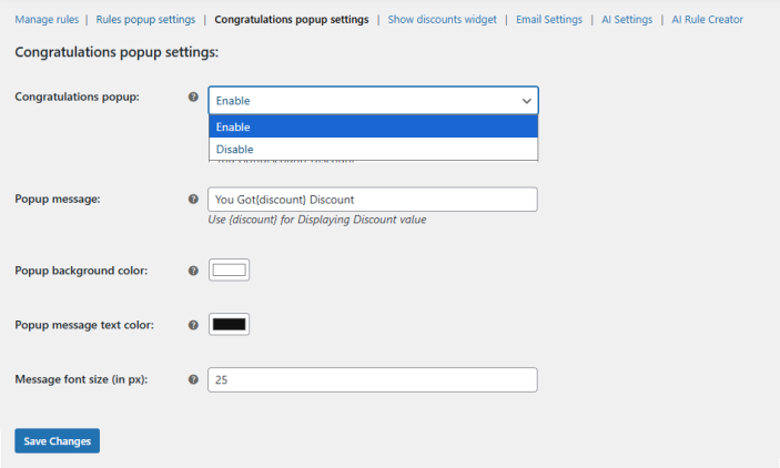 Congratulations Popup Settings