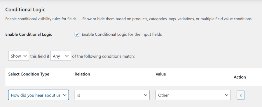 Product input fields conditional logic new