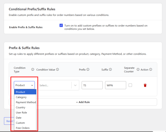 Conditional Prefix/Suffix Rules for Order Numbers