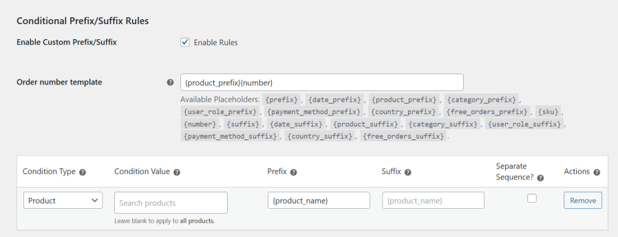 conditional prefix and suffix custom order number