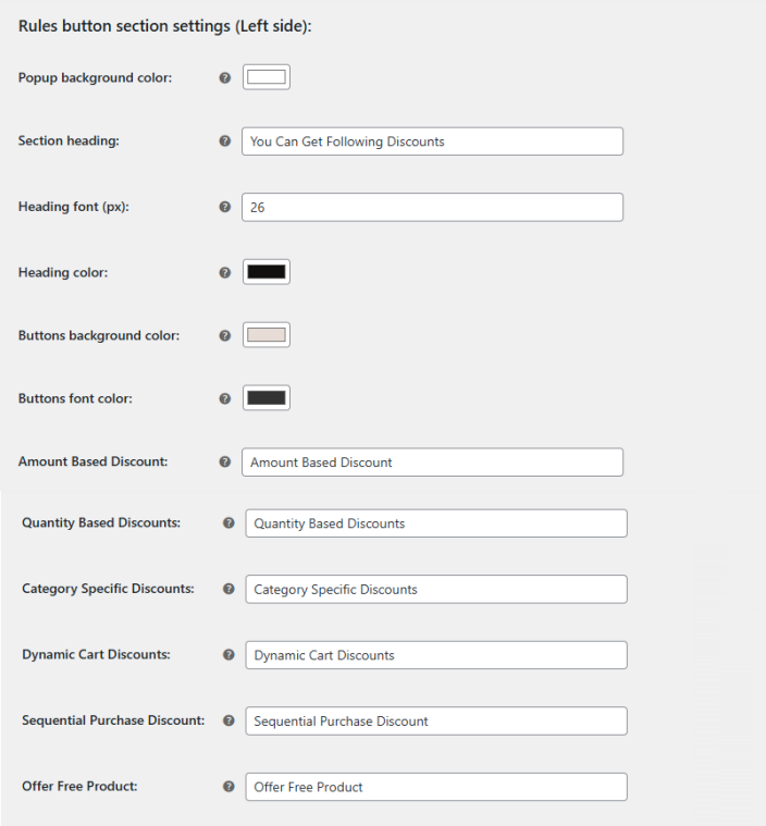 Rules button section settings (Left side)