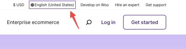 Language menu in the top bar of some WooCommerce.com pages