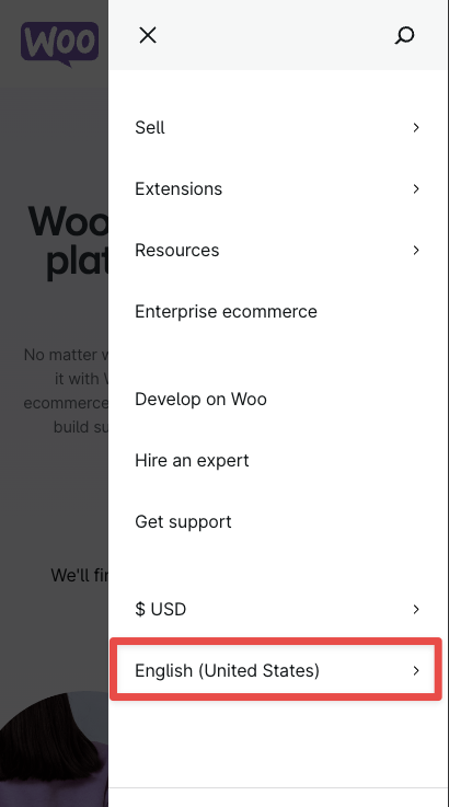 The language selection option in the sidebar menu on mobile.