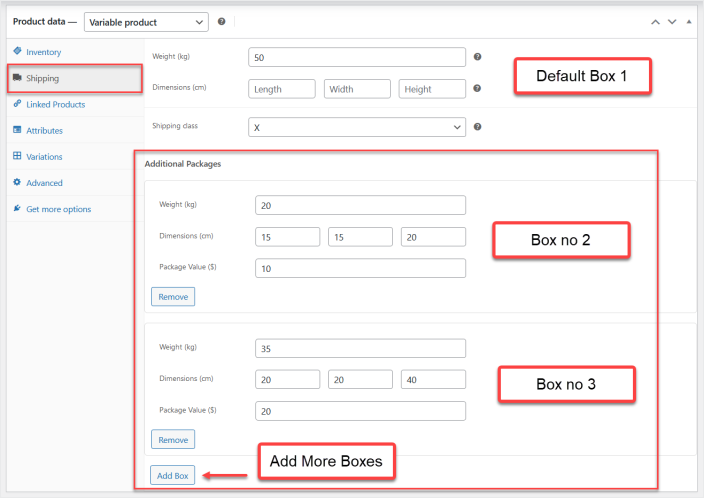 WooCommerce multiple shipping boxes per product plugin