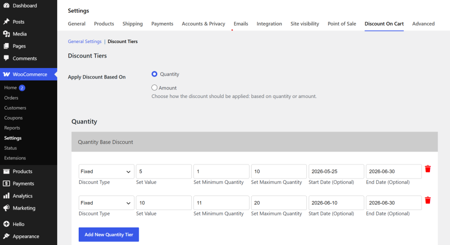 WooCommerce tiered cart discount settings – WooCommerce discount plugin