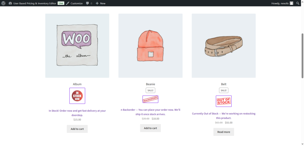 Custom stock status icons and animations for WooCommerce products including sold out and back in stock indicators