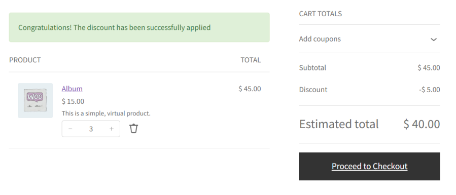 WooCommerce cart discount success message plugin