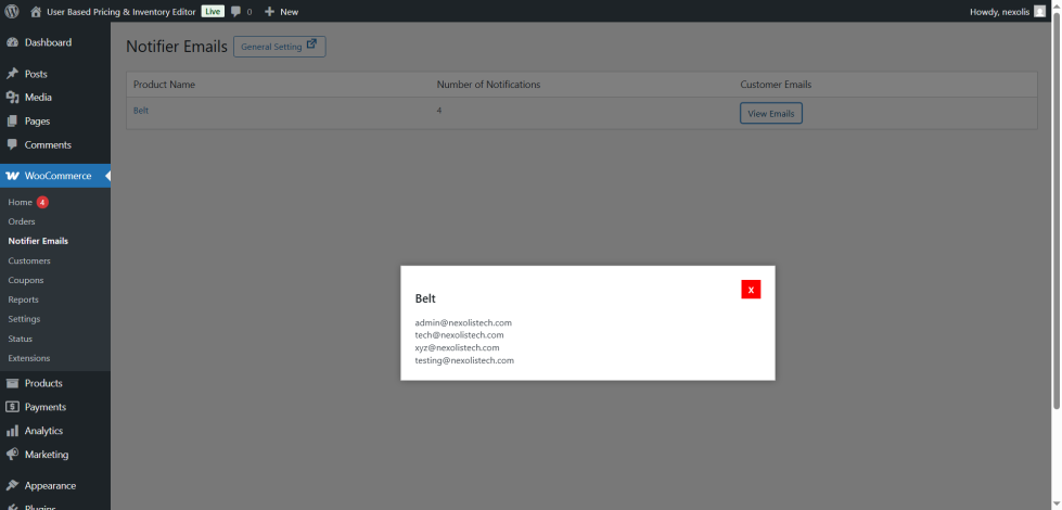 WooCommerce admin panel showing notifier email requests for out of stock products