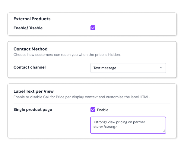Give External Product based Custom Call For Price Message