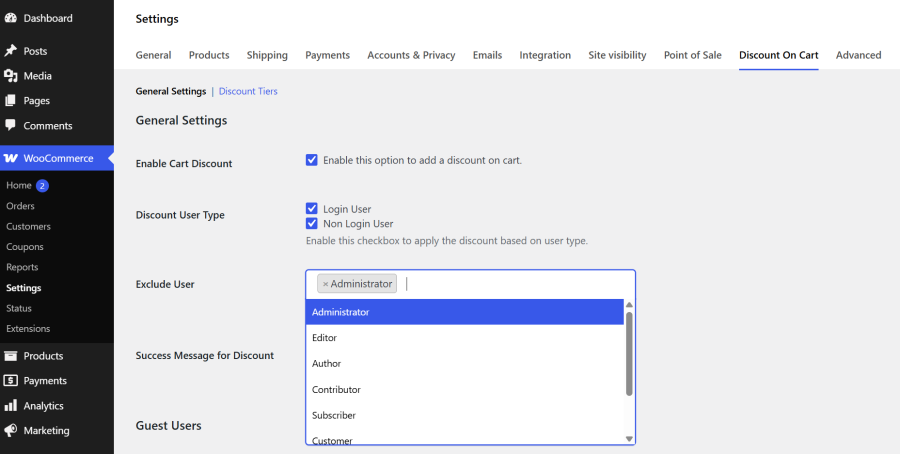 WooCommerce cart discount user role restriction plugin