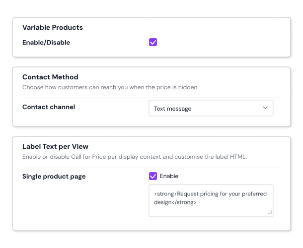 Variable Products wise Custom Call For Price Message 
