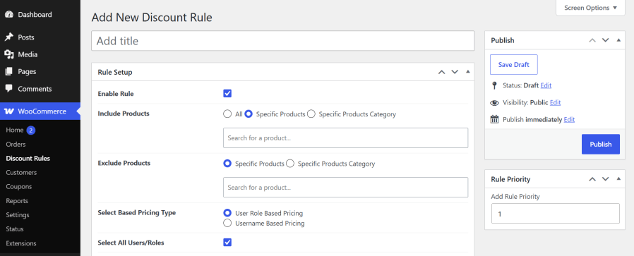 Adding a WooCommerce discount rule with include, exclude products and pricing type options