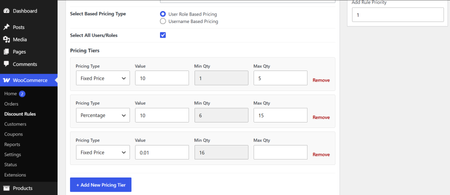 WooCommerce pricing tiers setup with user roles, discount value and quantity range