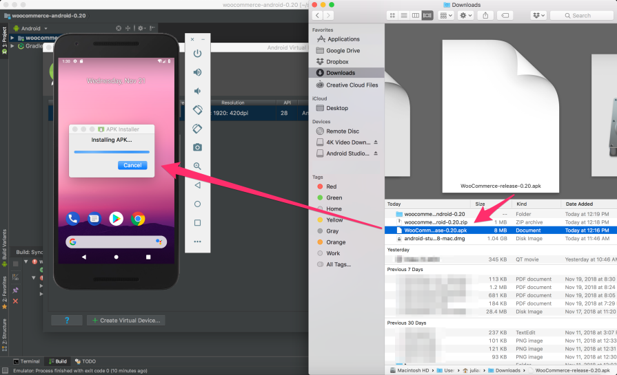 Screenshot of dragging and dropping the WooCommerce ANdroid app APK file into the Android Studio device simulator