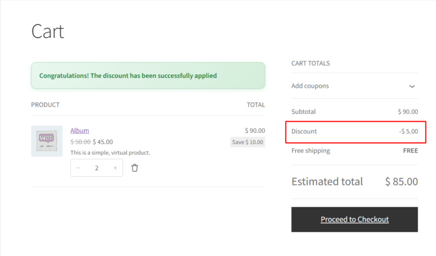 WooCommerce cart discount success message plugin