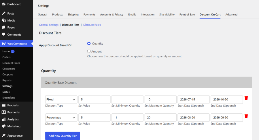 WooCommerce tiered cart discount settings – WooCommerce discount plugin