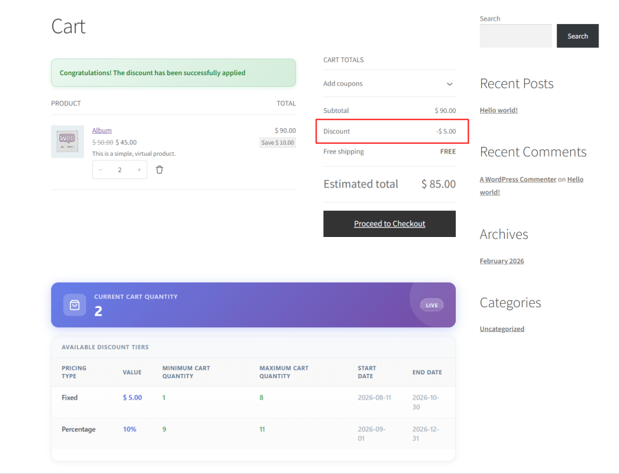 WooCommerce discount tier table on cart page
