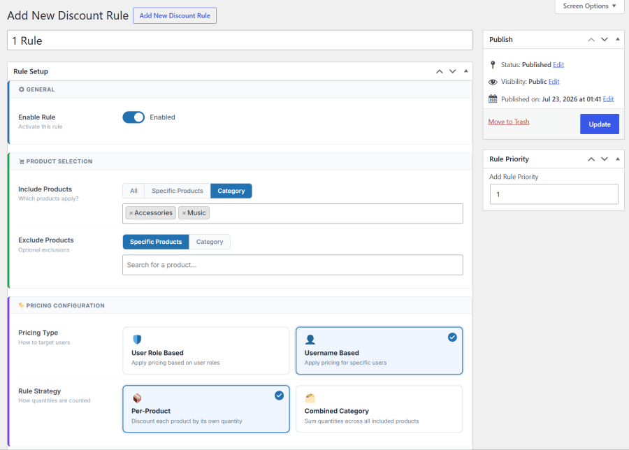 Adding a WooCommerce discount rule with include, exclude products and pricing type options