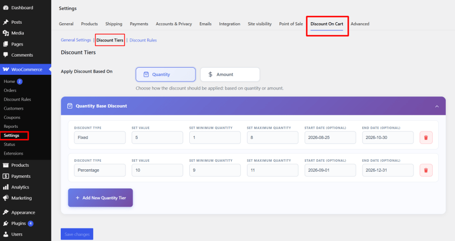 WooCommerce tiered cart discount settings – WooCommerce discount plugin