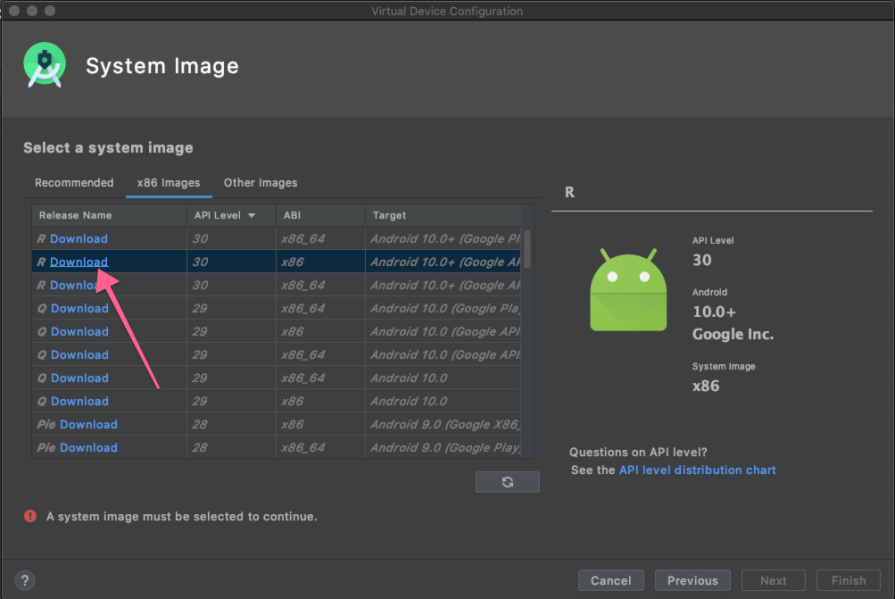 Screenshot of Android Studio, showing option to download system image