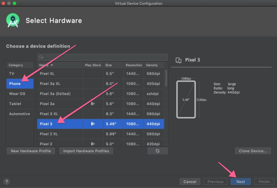 Android studio option to select the device to use for the simulator