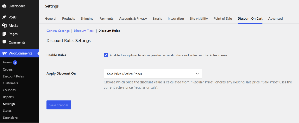 Enable product-based discount rules in the Discount On Cart plugin settings for WooCommerce