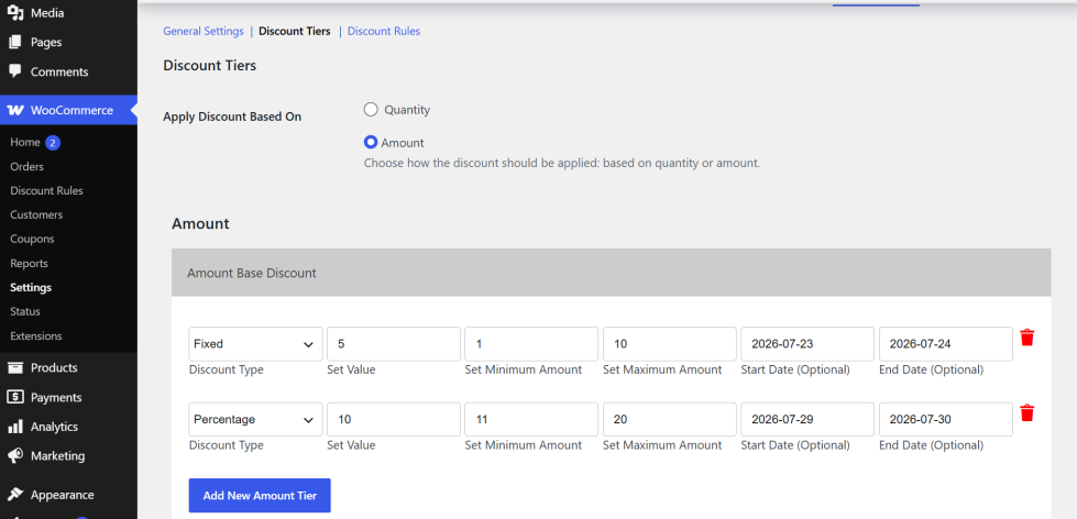 Enable cart-based discount tier in the Discount On Cart plugin settings for WooCommerce