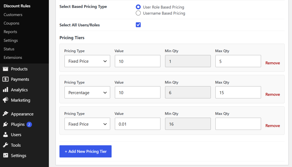 Configure volume discount tiers with min/max quantities and user role restrictions in WooCommerce
