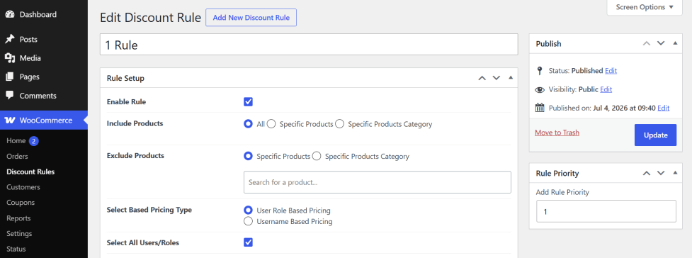 Create a new WooCommerce discount rule and set priority levels in the WordPress admin dashboard