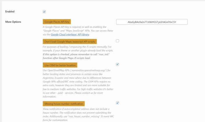 WooCommerce Checkout Autocomplete with Google Places and Maps API plugin's options