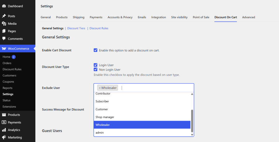 WooCommerce cart discount user role restriction plugin