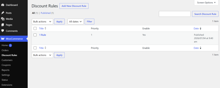 WooCommerce discount rules list showing rule priority and enabled status