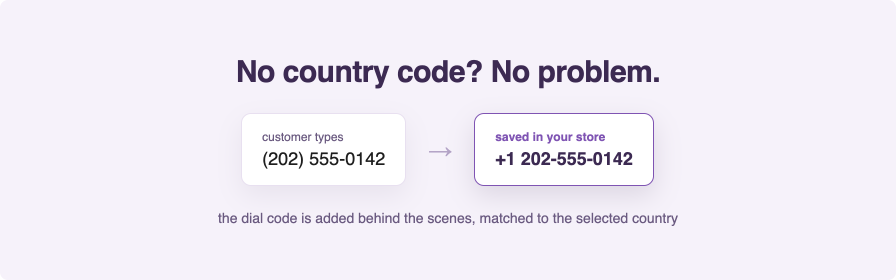 Automatic dial code addition – customer types a national number, it is saved in international format