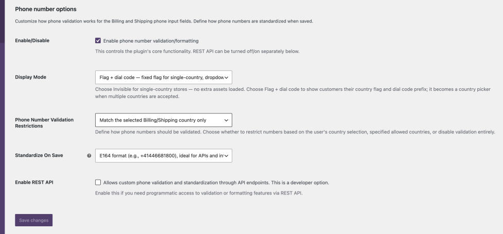 Phone number options settings in WooCommerce — validation restrictions, standardize on save and display mode