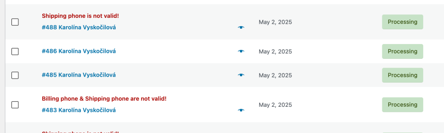 Invalid phone number flag in the WooCommerce orders list