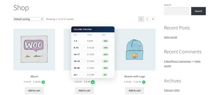 WooCommerce volume pricing tooltip showing quantity discount tiers on shop page