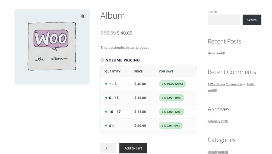 WooCommerce volume pricing table on single product page with strike-through discounted price