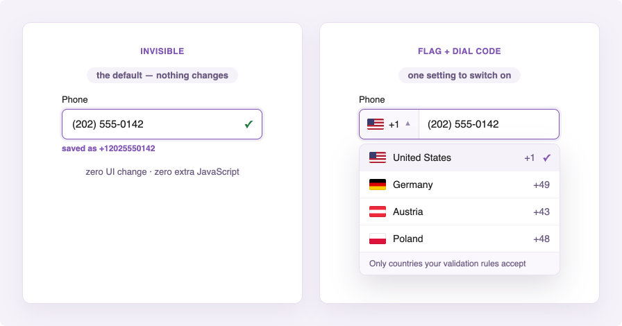 Invisible phone validation mode next to the country flag and dial code selector with a dropdown offering only the countries the validation rules accept
