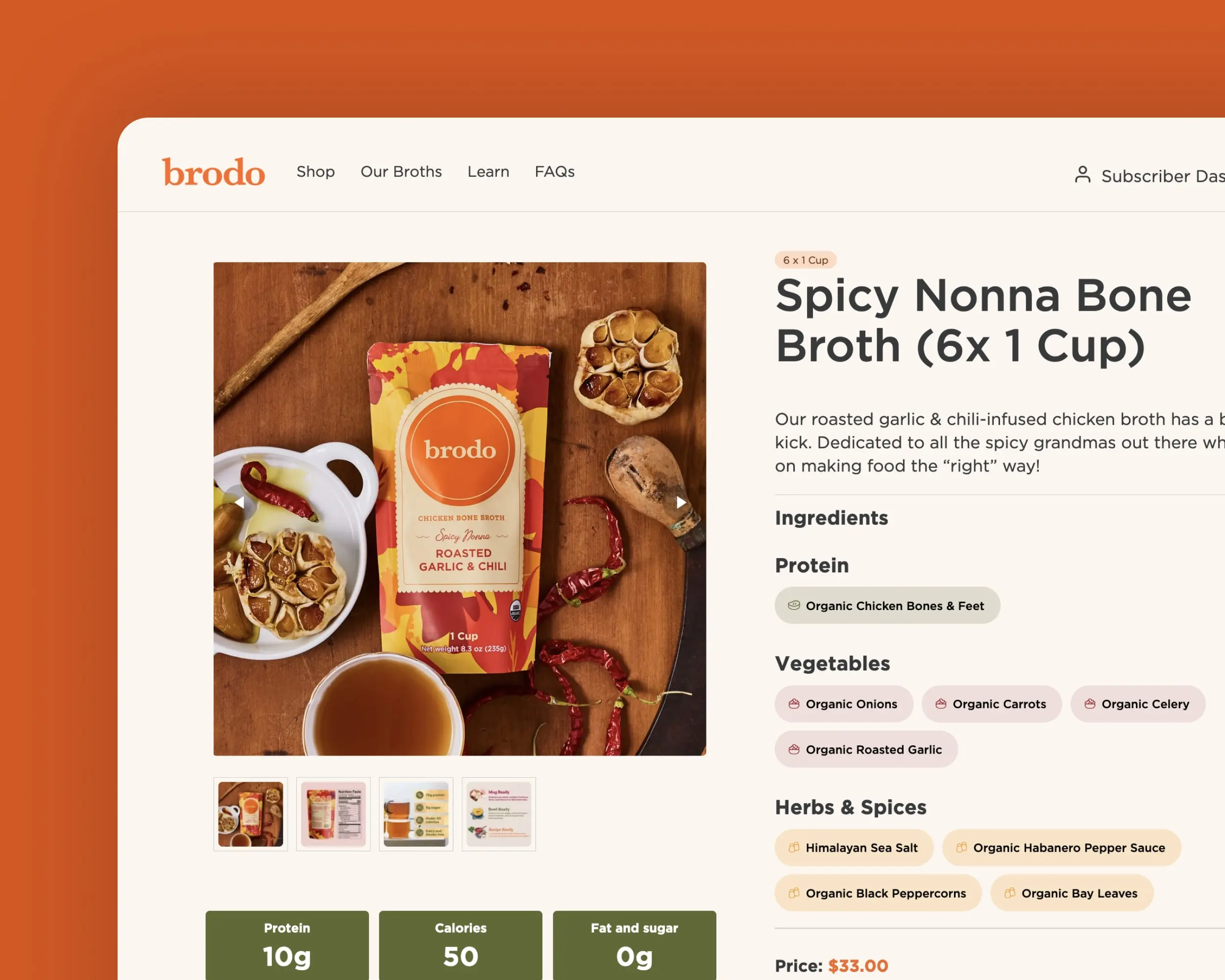 A Brodo Broth Company product page on the WooCommerce store website.