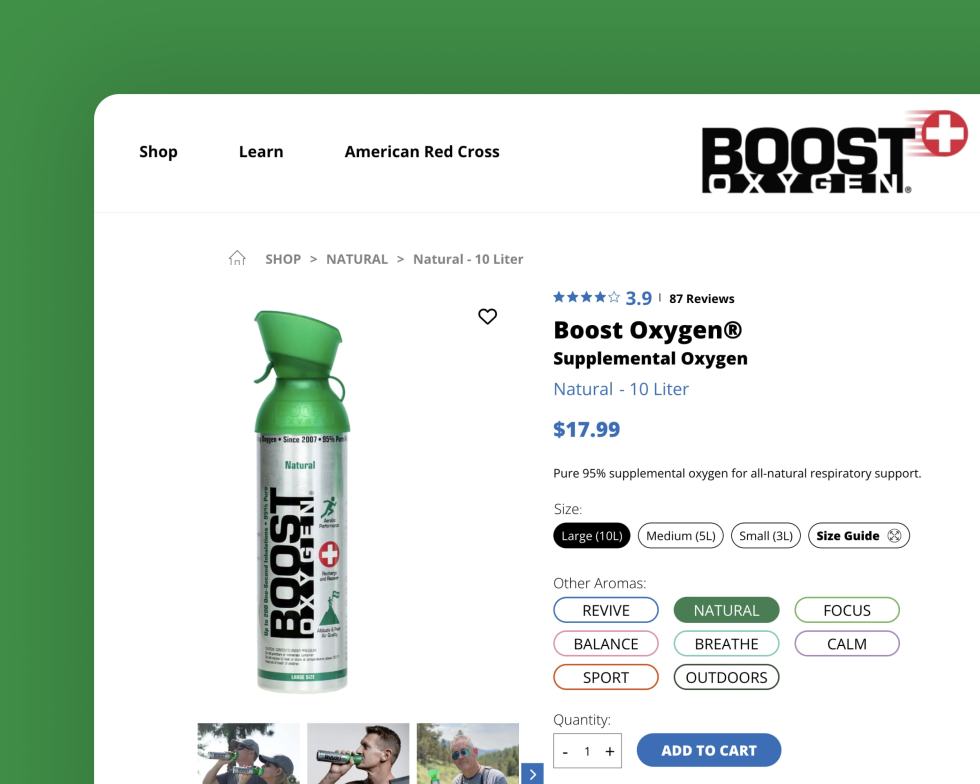A Boost Oxygen product page on the WooCommerce store website.